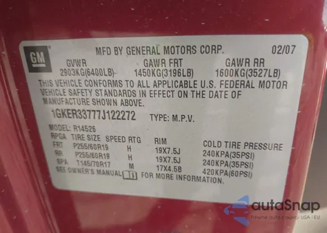 2007 GMC Acadia Slt-1 из США, поврежденный, VIN 1GKER33777J122272